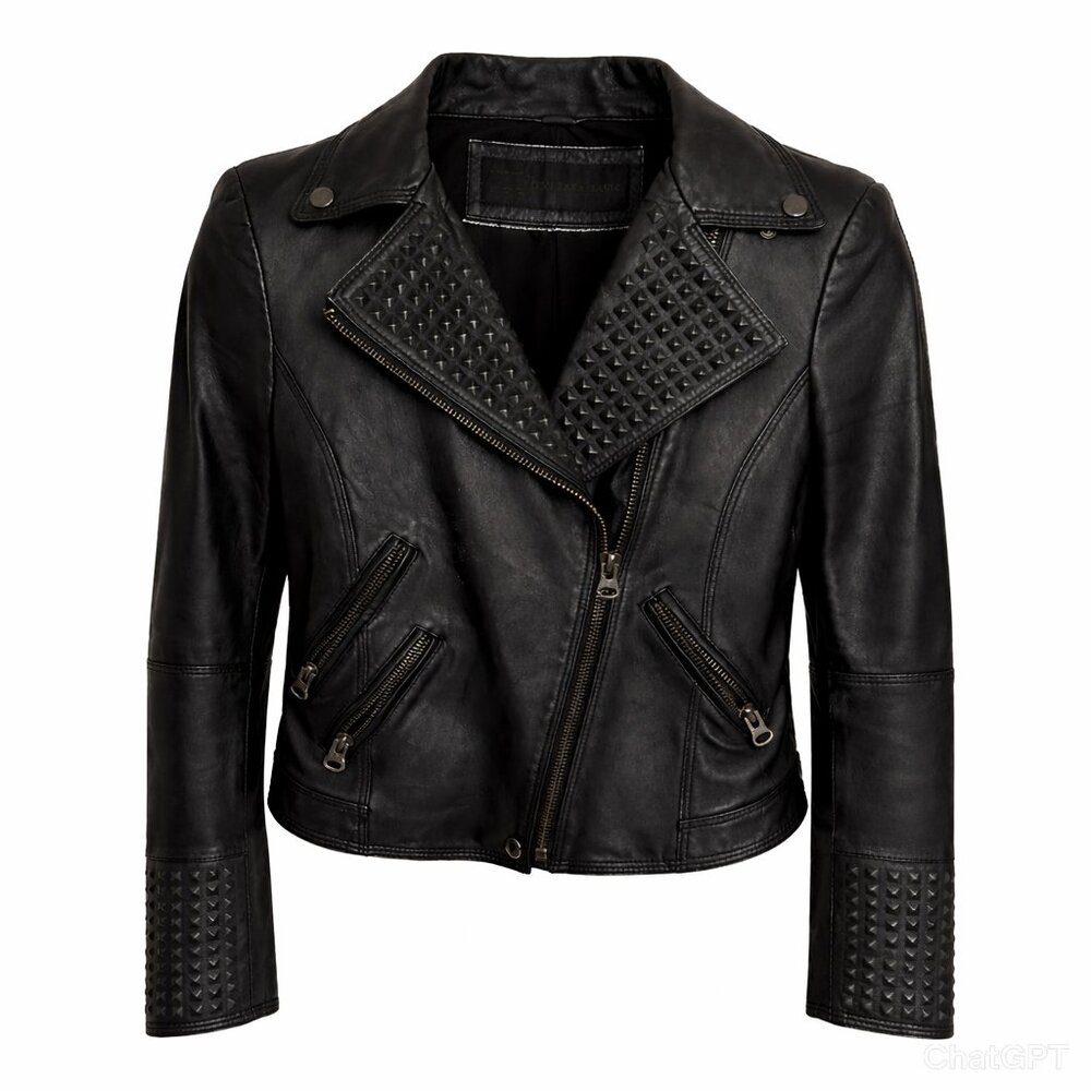 Zara Basic Collection Genuine Black Lamb Leather Embossed Studded Jacket